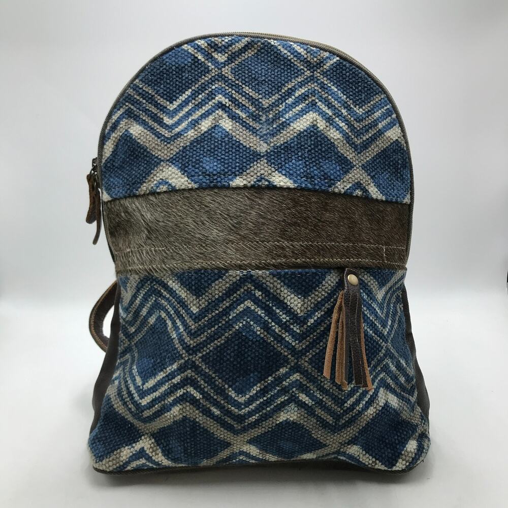 Myra Bag Blue Breeze Backpack Bag Upcycled Canvas & Cowhide Leather Flaw NWT